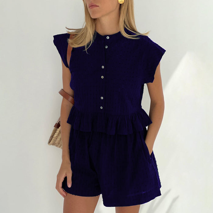 Color-Summer Jacquard Short Sleeve Sense of Design Shirt Casual Office Shorts Suit for Women-Fancey Boutique