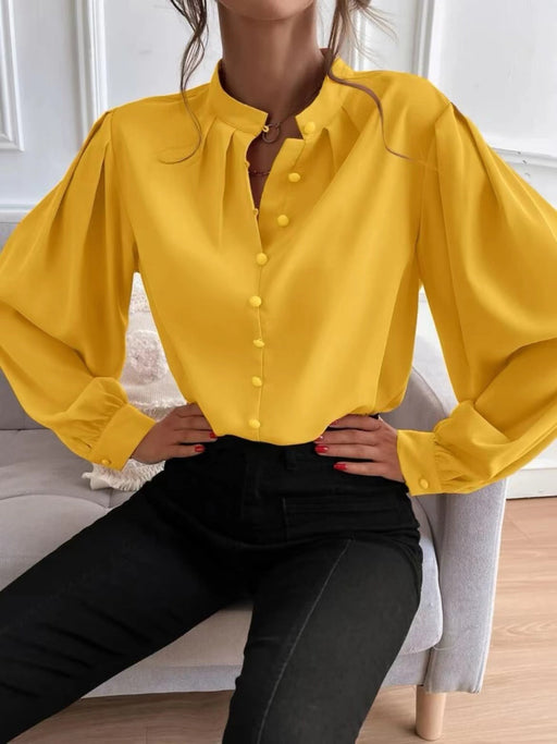 Color-Yellow-Women Shirt Autumn Elegant Solid Color Collared Long Sleeve Single Row Button Loose Women Top-Fancey Boutique