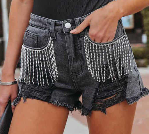 Color-Women Clothing Arrival Casual Chain Tassel Ripped Denim Shorts-Fancey Boutique