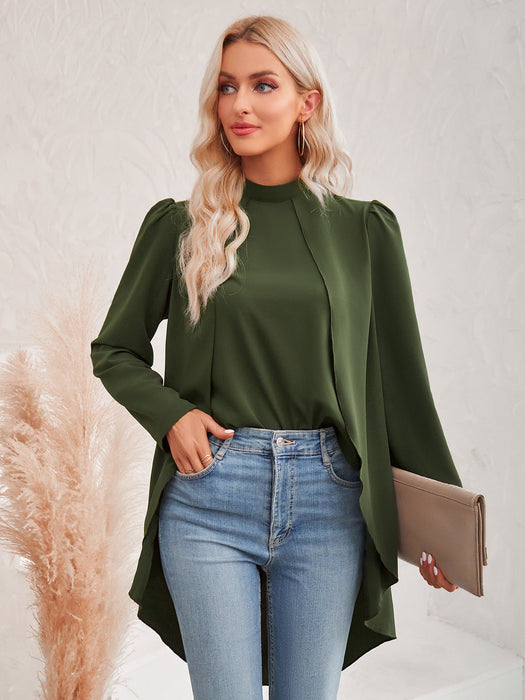 Color-Army Green-Fall Winter Women Clothing Casual Solid Color Half Collar Long Sleeve False Two Piece Shirt Women-Fancey Boutique