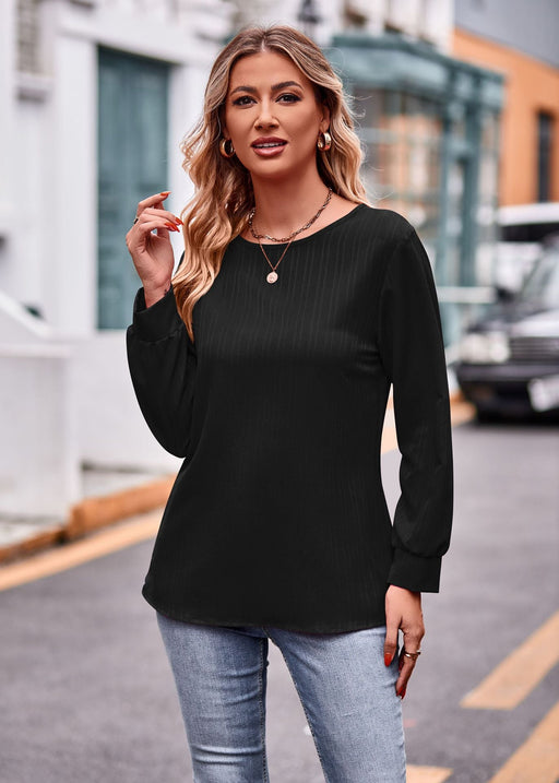 Color-Black-Autumn Women Clothing Solid Color Double Line Jacquard T shirt Long Sleeve Top-Fancey Boutique