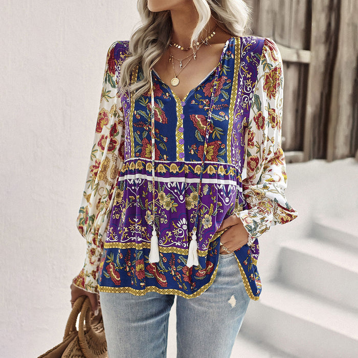 Color-Purple-Women Clothing Autumn Bohemian Casual Rayon Printed Long Sleeved Shirt Women-Fancey Boutique