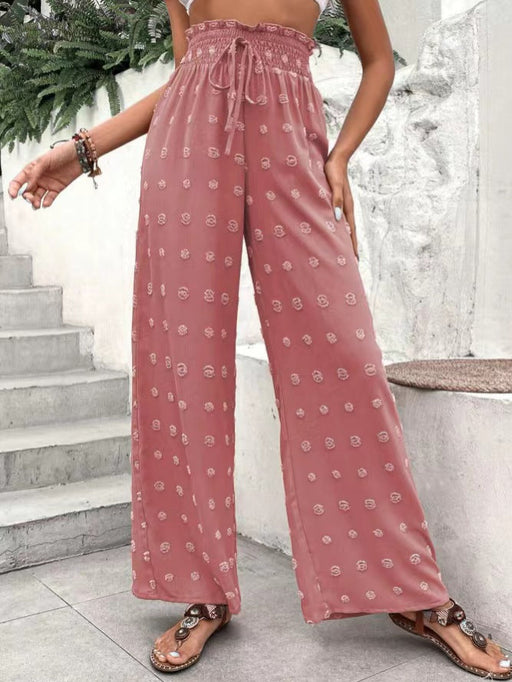 Color-Pink-Casual Micro Elastic Loose Smocking High Waist Jacquard Casual Pants Wide Leg Pants Trousers for Women-Fancey Boutique