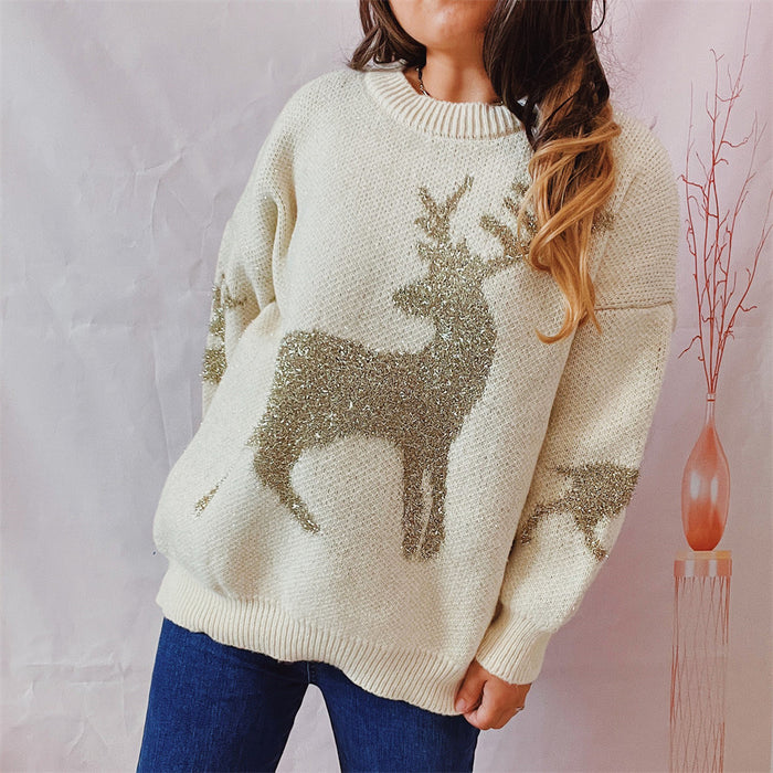Color-Autumn Winter Loose Gold Line Jacquard Deer Pattern Round Neck Long Sleeve Christmas Sweaters Pullover-Fancey Boutique
