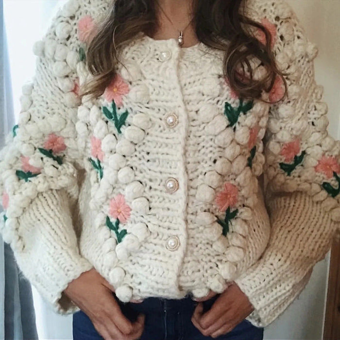 Color-Autumn Winter Handmade Crocheted Embroidery Twist Pearl Buckle Knitted Sweater Cardigan Coat-Fancey Boutique