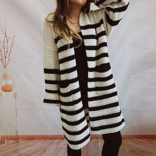 Color-Autumn Winter Loose Striped Pocket Mid Length Knitted Sweater Cardigan Coat-Fancey Boutique