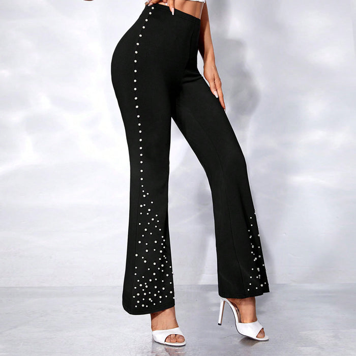 Color-Black High Waist Medium Elastic Casual Trousers Wide Leg Tights Trousers-Fancey Boutique
