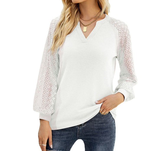 Color-White-Women Clothing Autumn Winter Waffle Lace Stitching Long Sleeve V-neck T-shirt Top For Women-Fancey Boutique