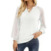 Color-White-Women Clothing Autumn Winter Waffle Lace Stitching Long Sleeve V-neck T-shirt Top For Women-Fancey Boutique