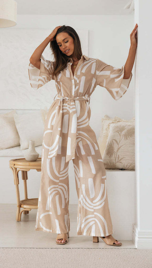 Color-Women Printing Collared Five Quarter Sleeve Belt Long Jumpsuit-Fancey Boutique