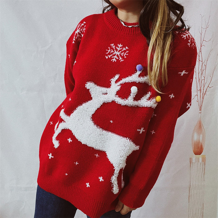 Color-Autumn Winter Deer Snowflake Jacquard Colorful Ball Christmas Sweater Round Neck Knitted Pullover-Fancey Boutique