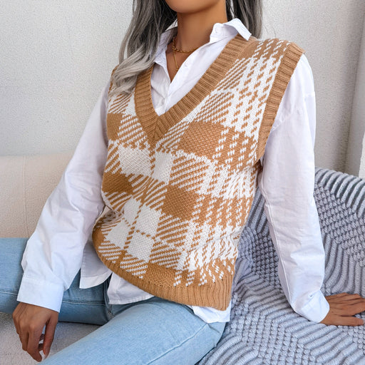 Color-Autumn Winter Casual Color Contrast Check Knitted Vest Sweater Vest Women Clothing-Fancey Boutique