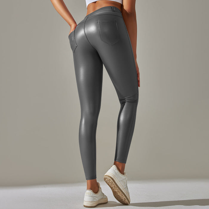 Color-Gray-Faux Leather Pants High Elastic Sexy Solid Color Bright Surface Thin Velvet Tight Pocket Fitness Trousers Running Yoga Pants-Fancey Boutique