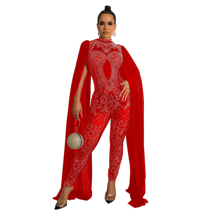 Color-Red-Autumn Winter Women Clothing Sexy Mesh Rhinestone See through Nightclub Jumpsuit Women-Fancey Boutique