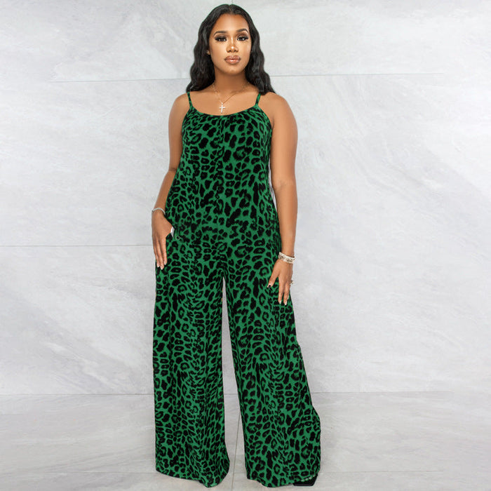 Color-blackish green-Jumpsuit Summer Leopard Print Strap Casual Jumpsuit Women-Fancey Boutique