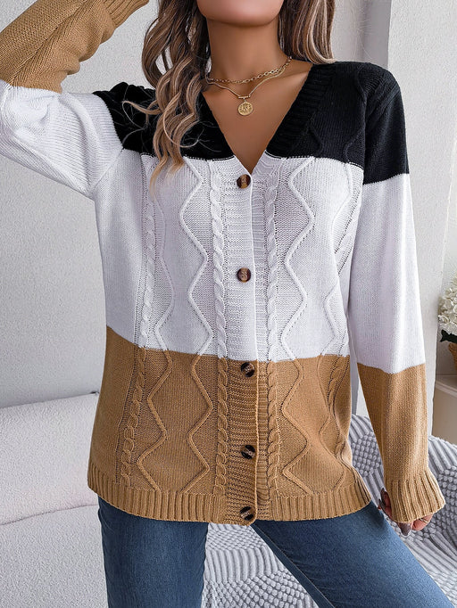 Color-Khaki-Autumn Winter Casual Contrast Color Button Long Sleeve Sweater Cardigan Coat Women Clothing-Fancey Boutique