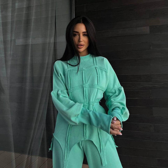 Color-Solid Color Hoodie sets Round Neck Pullover Top Split Straight Pants Casual Two Piece sets-Fancey Boutique
