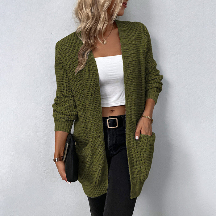 Color-Army Green-Autumn Winter Women Knitted Sweater Solid Color Pocket Sweater Women Cardigan Coat-Fancey Boutique