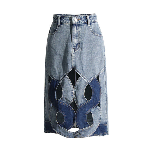 Color-Minority Stitching Hollow Out Cutout Out Women Skirt A Line Casual Design Denim Skirt Women-Fancey Boutique