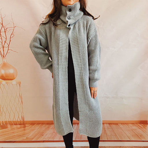 Color-Autumn Winter Lengthened Loose Solid Color Three Button Turtleneck Collared Knitted Sweater Cardigan-Fancey Boutique