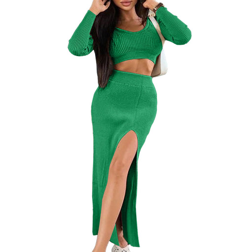 Color-Green-Women Clothing Thread Short Top Slit Skirt Slim Fit Two Piece Suit-Fancey Boutique