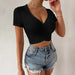 Color-Spring Summer Women Clothing Sexy V Neck Slim Fit Ultra Short T Shirt Short Sleeve Knitted Solid Color Top-Fancey Boutique