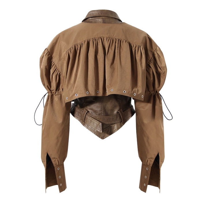 Color-Niche Design Two Piece Coat Spring Cloak Stitching Faux Leather Handsome Waist Tight Jacket Top Women-Fancey Boutique