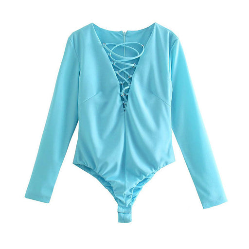 Color-Blue-Women Clothing V-neck Long Sleeve Ring Decoration Slim Fit Bodysuit-Fancey Boutique