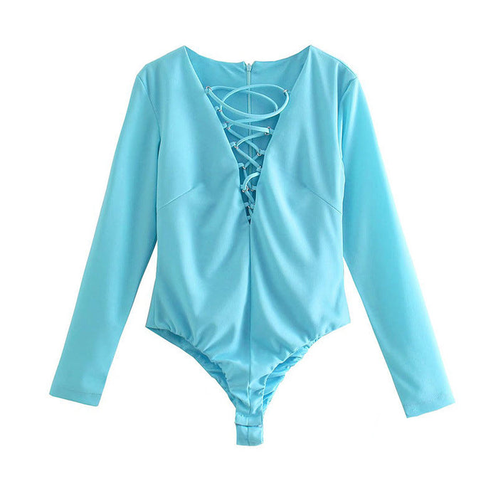 Color-Blue-Women Clothing V-neck Long Sleeve Ring Decoration Slim Fit Bodysuit-Fancey Boutique