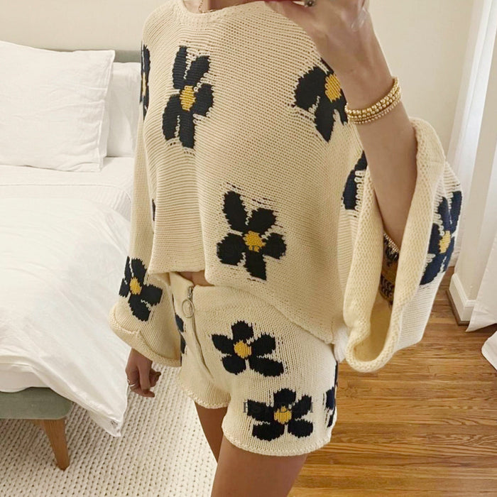 Color-Women Clothing Floral Print Long Sleeved Woolen Shorts Home Wear Two Piece-Fancey Boutique