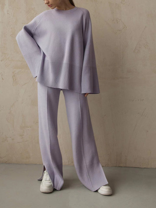 Color-Loose Knitting Suit Autumn Winter Flared Sleeves round Neck Slit Loose Suit-Fancey Boutique
