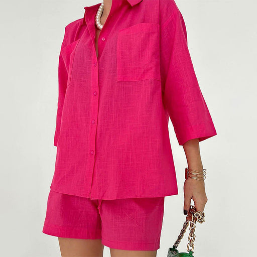 Color-Coral Red-Autumn Winter Women Cotton Linen Pocket Shirt Casual Shorts Two Piece Set-Fancey Boutique