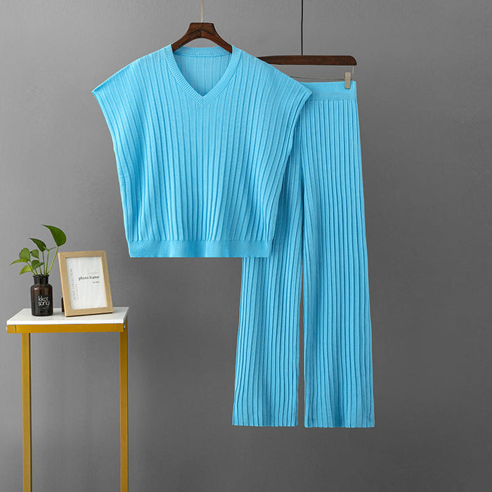 Color-Snow Blue-Plus Size Pullover V neck Loose Solid Color Top Pleated Wide Leg Trousers Knitted Two Piece Women-Fancey Boutique