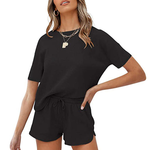 Color-Black-Rib Short-Sleeved Home Wear Solid Color Casual Two-Piece Pajamas Suit-Fancey Boutique