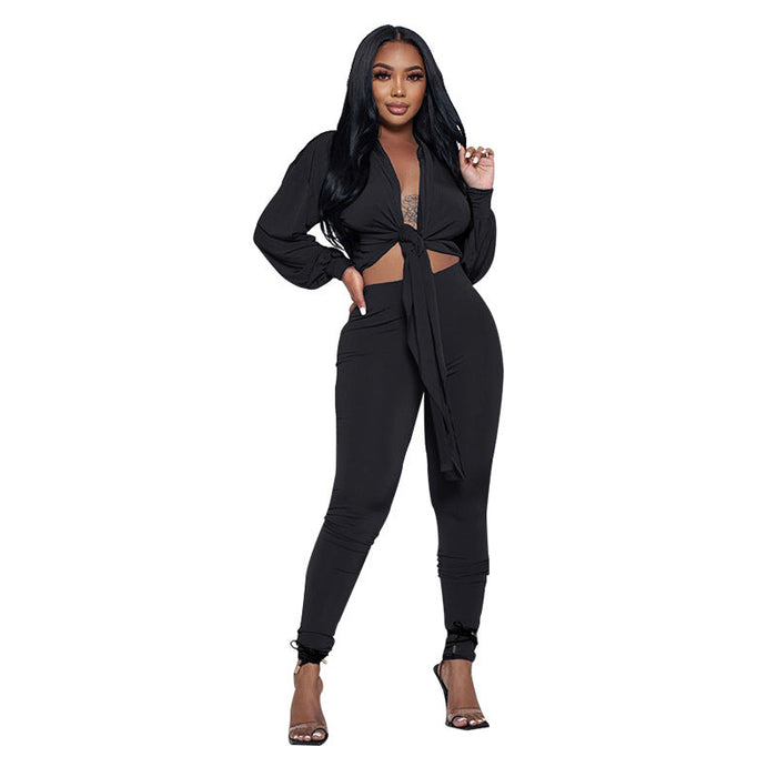 Color-Black-Solid Color Cardigan Bundle Long-Sleeved Women two piece set Casual Tight Trousers Suit-Fancey Boutique