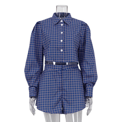 Color-Blue-Blue Plaid Street Retro Long Sleeves Cropped Shirt Shorts sets Summer Women Clothing-Fancey Boutique