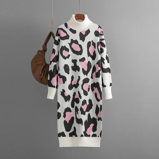 Color-Lycopene-Autumn Winter Turtleneck Base Knitted Dress Leopard Print Maxi Dress for Women-Fancey Boutique