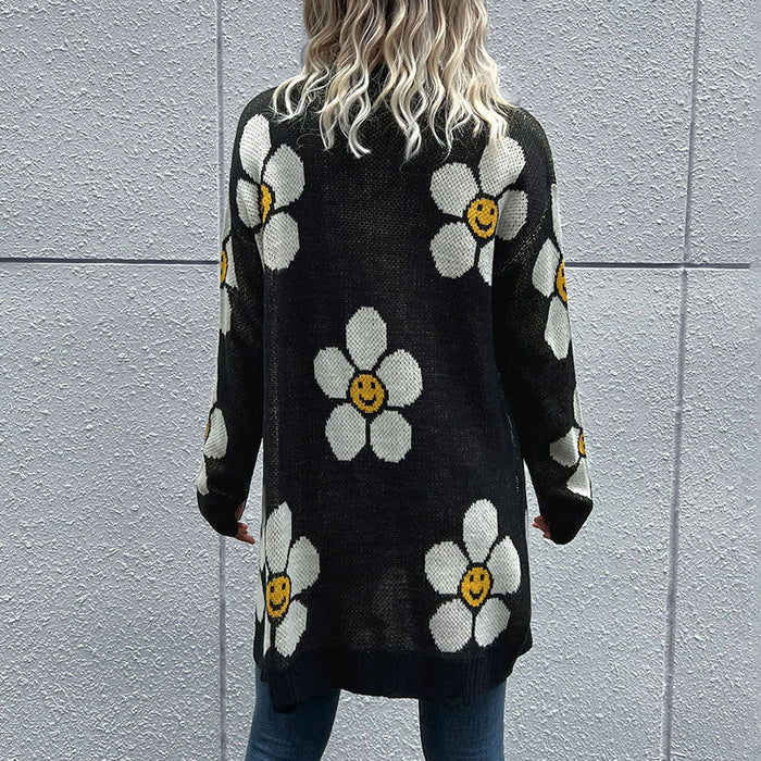 Color-Autumn Winter Women Wear Floral Long Sleeve Sweater Cardigan Mid Length-Fancey Boutique