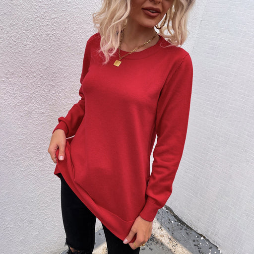 Color-Women Clothing Autumn Winter Sweaters Women round Neck Button Solid Color Split Sweater-Fancey Boutique