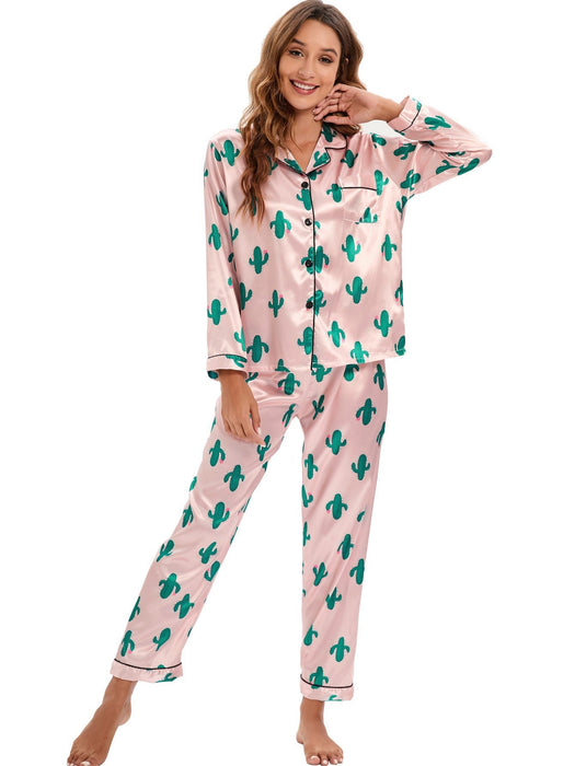 Color-Pink Cactus-Satin Long Sleeved Trousers Home Wear Cardigan Suit Pajamas Women-Fancey Boutique