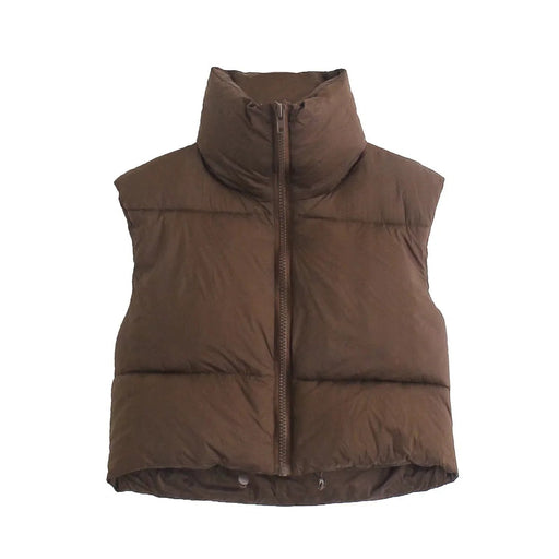 Color-Brown-Sleeveless Zipped Stand Collar Cotton Vest Autumn Winter Multi Color Slim Fit Cotton Padded Jacket Vest Top-Fancey Boutique