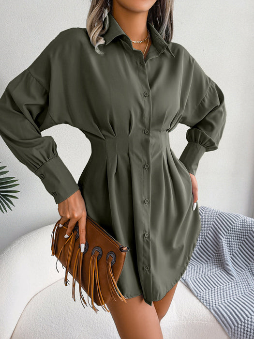 Color-Autumn Winter Casual Lantern Sleeve Waist-Tight Asymmetric Dress Shirt Dress Women Clothing-Fancey Boutique