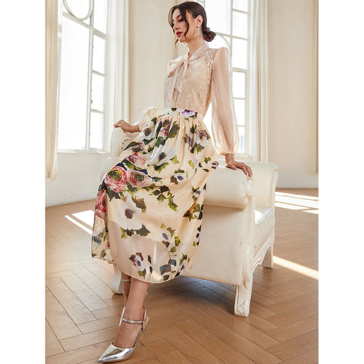 Color-Apricot-Round Neck Tulle Elegant Pattern High Waist Print Elegant Outfit-Fancey Boutique