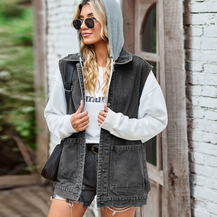 Color-Gray Hooded Removable-Women Clothing Loose Casual Top Denim Waistcoat Vest-Fancey Boutique