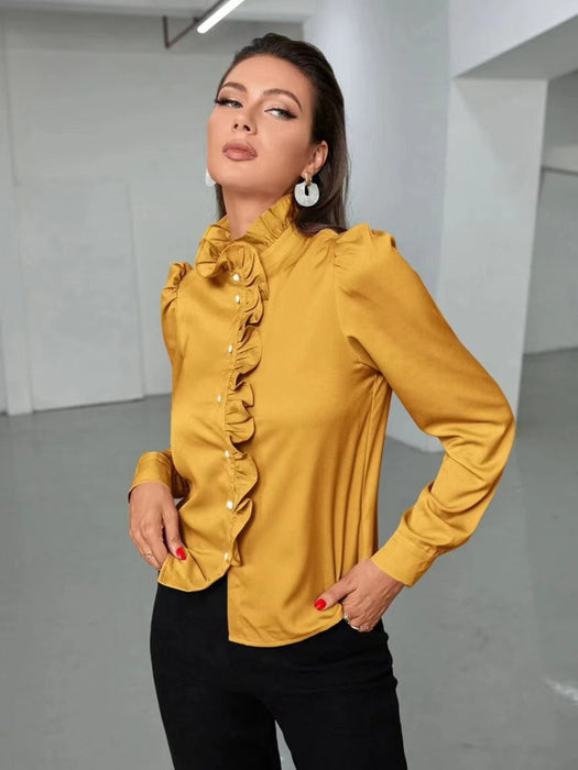 Color-Gold-Women Shirt Autumn High Grade Acetate Fabric Shirt Half Sleeve Ruffled Straight Women Top-Fancey Boutique