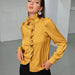 Color-Gold-Women Shirt Autumn High Grade Acetate Fabric Shirt Half Sleeve Ruffled Straight Women Top-Fancey Boutique