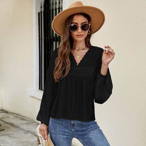 Color-Black-Autumn Winter Solid Color Pullover Lantern Sleeve Chiffon Shirt Top-Fancey Boutique