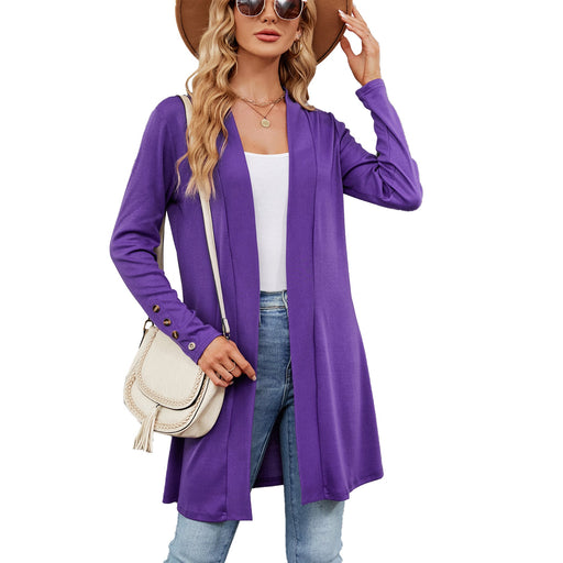 Color-Purple-Autumn Winter Solid Color Buttons Loose Long Sleeve Cardigan Knitted Coat Women-Fancey Boutique