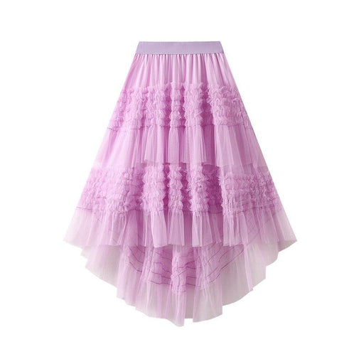 Color-Fungus Irregular Asymmetric Solid Color Cake Pettiskirt Fairy Dress Large Swing Stitching Mesh Half Length Skirt-Fancey Boutique
