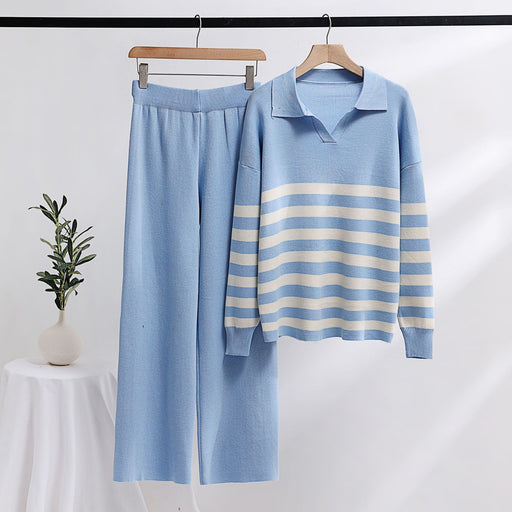 Color-skyblue-Knitting Suit Polo Collar Striped Sweater Loose Casual Two Piece Set Women Clothing-Fancey Boutique